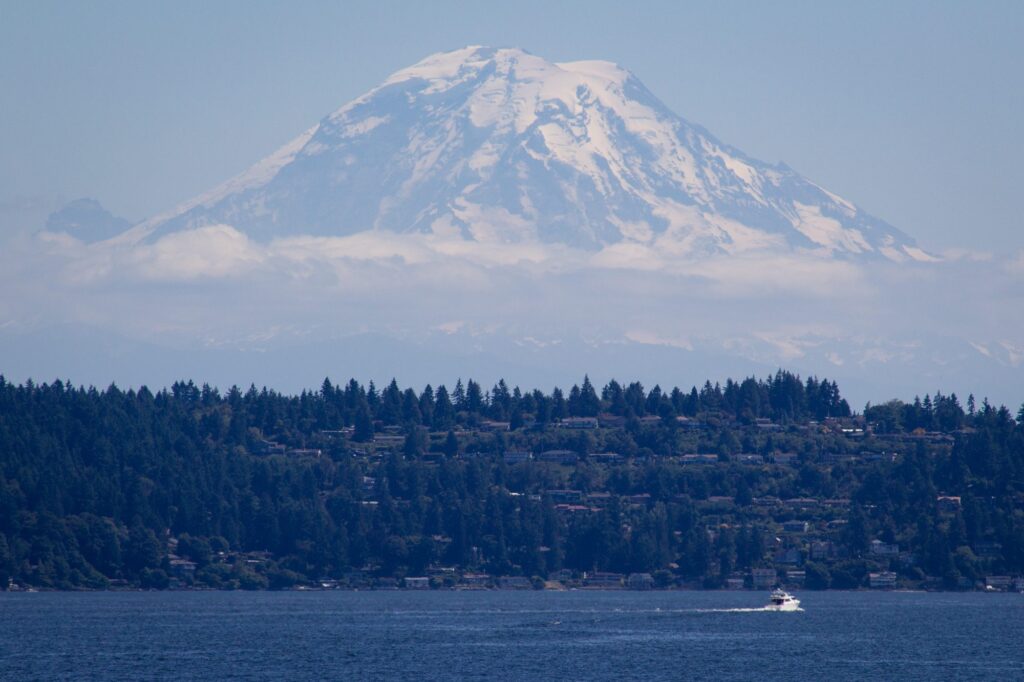 Mt. Rainer in the background with a scenic view of green trees and water.