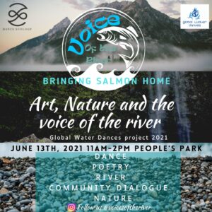 Art, Nature, and the Voice of the River Flyer with a mountain, pebbles, and water in the background