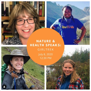 Top left: Lee Cerveny (Smiling in front of a bookcase filled with books. Top right: Trina Baker (Smiling in a bright blue tee-shirt with the words TEAM GirlTrek, standing in front of a natural setting with trees, water, and mountains in the back. Bottom left: Allie Tripp (Smiling wearing a grey hat and black jacket. In front of a grassy hill. Bottom right: Monika Derrien (Smiling and standing in front of a pond and trees. Wearing a red and white plaid shirt and a blue fleece).