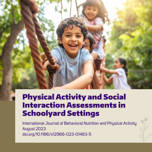 A group of children play on a playground surrounded by mature trees.