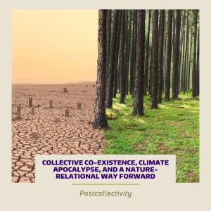 The left half of the image shows a forest that has been clearcut and is now in a serious drought. The right half shows a healthy forest.