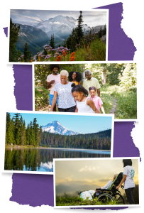 A photo collage of mountainous national parks in the Pacific Northwest. In one photo, a Black family is visiting a national park. In another photo, an older adult in a wheelchair and their caretaker are visiting a state park. 