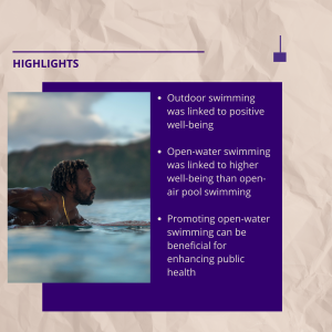 Highlights of this paper include: 1: Outdoor swimming was linked to positive well-being. 2: Open-water swimming was linked to higher well-being than open-air pool swimming 3: Promoting open-water swimming can be beneficial for enhancing public health