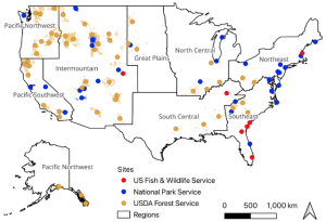 Figure 1: Map of study locations and regions, colored by management agency. 