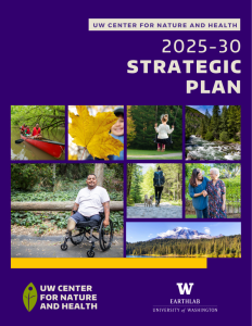 Cover of the 2025-30 Nature and Health strategic plan featuring a collage of different types of outdoor recreation, including walking, canoeing, and playing on a playground.