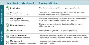Seven biodiversity-supporting elements in urban landscapes and definitions for each: patch size, connections, matrix quality, habitat diversity, native plants, special resources, and management.