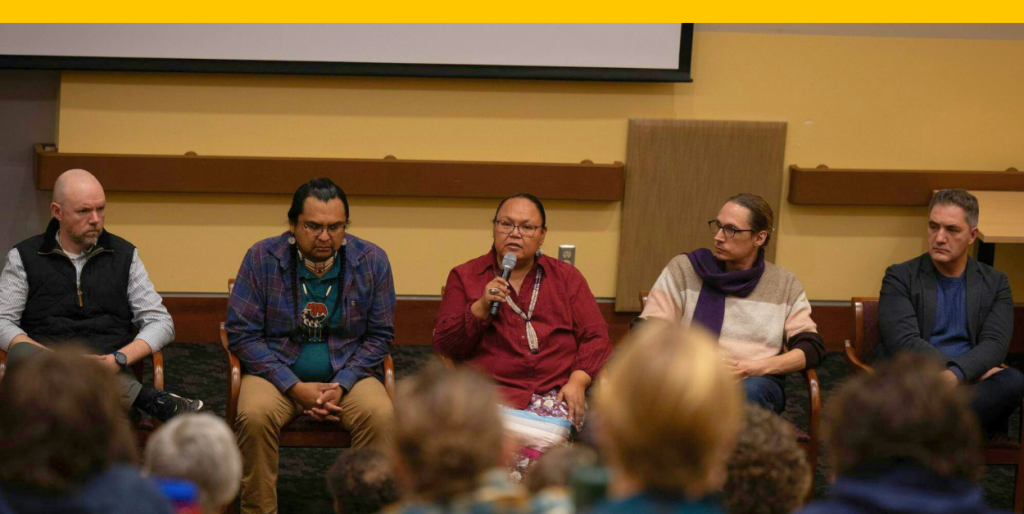 Activist and environmental leader Elaine Harvey of the Rock Creek Band talks about the film “These Sacred Hills” during a screening at the University of Washington in Seattle on Nov. 6, 2025.