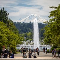 Mount Rainier in the background and Drumheller Fountain in the foreground