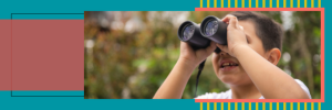 A child looking through binoculars into a forest