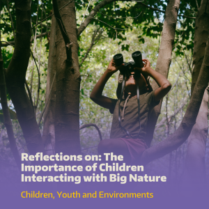 A child sits in a tree observing birds with binoculars