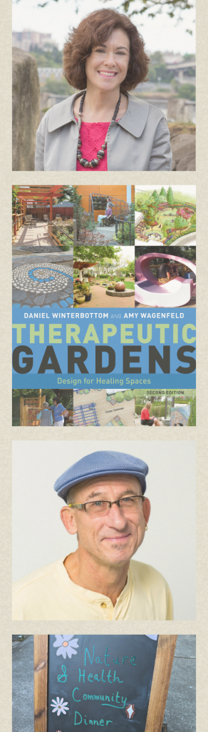 A film strip with a headshot of Amy and Daniel, the cover of their new book, and a Nature and Health Community Dinner sign