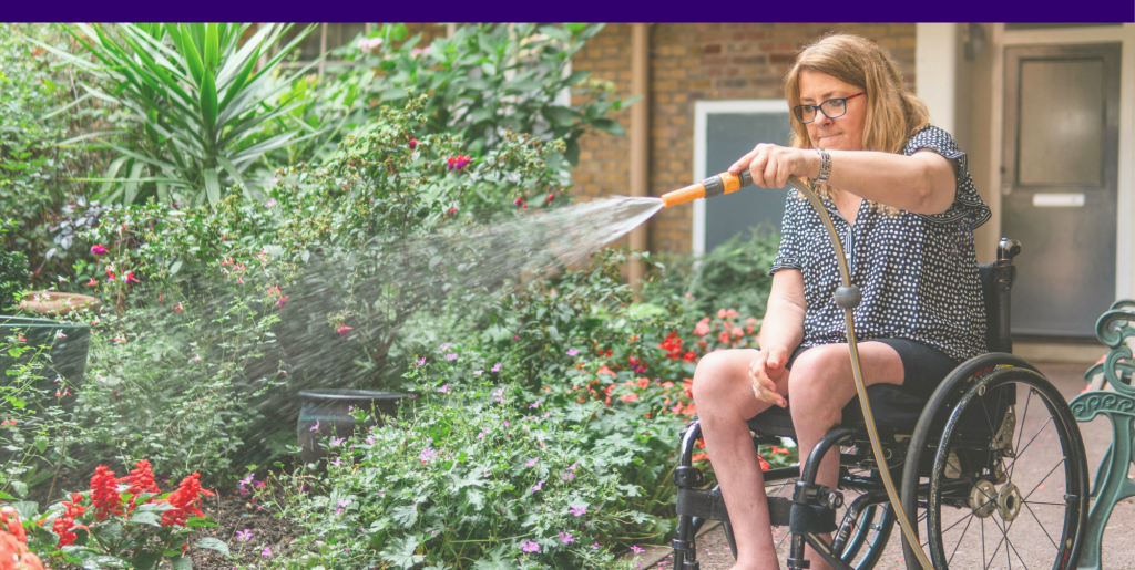 A person in a wheelchair waters their garden