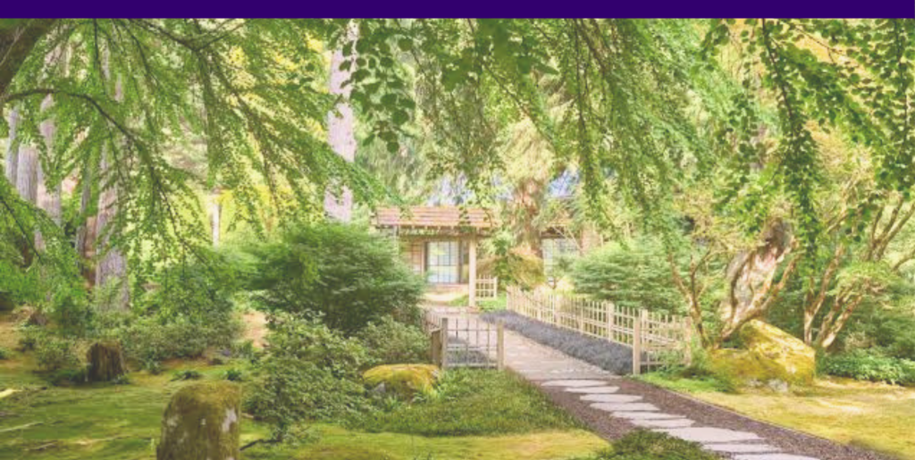 Pacific Northwest woodlands with a Japanese tea house in the background